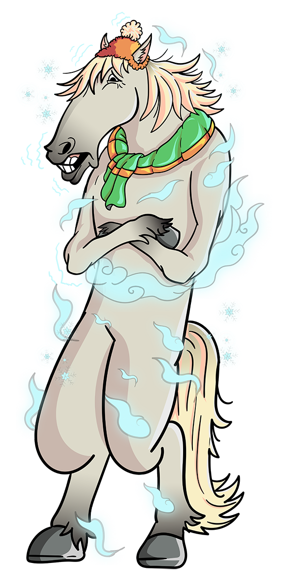 cold horse wearing a scarft and hat